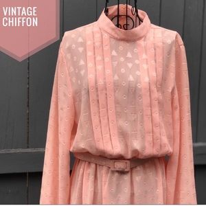 CORAL CHIFFON Dress Vintage 1980’s  belted cottagecore